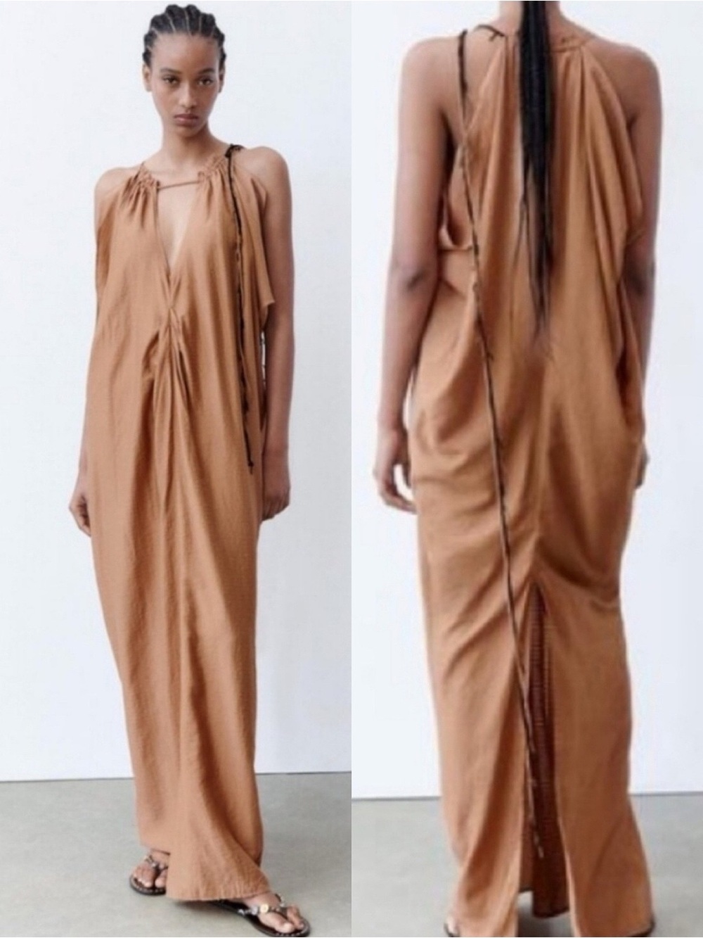 ZARA Boho Copper Women’s Sleeveless Maxi Dress with Drawstring Detail! 🍂